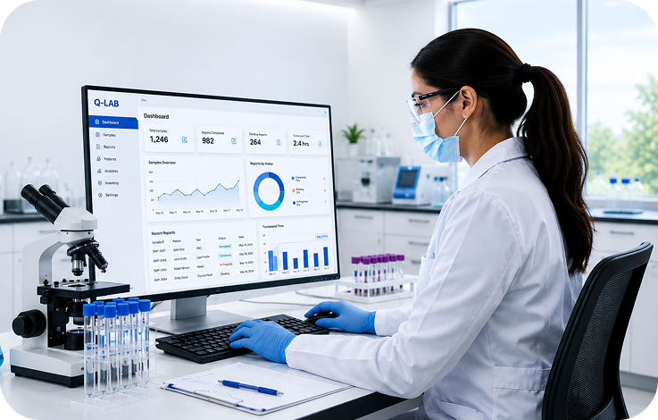 Female scientist looking at a software dashboard